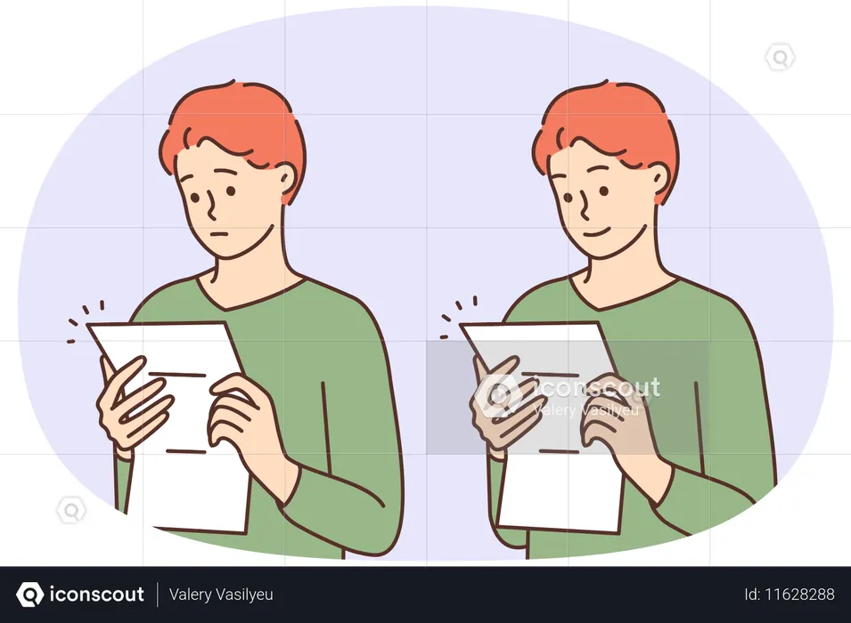 Young man reading good and bad news in paper letter  Illustration
