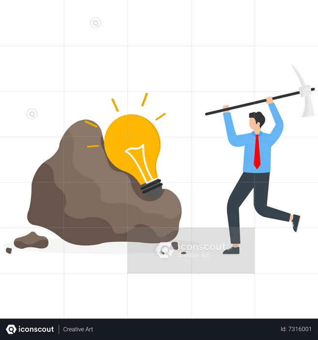 Young man removes light bulb from cobblestone with pickaxe  Illustration