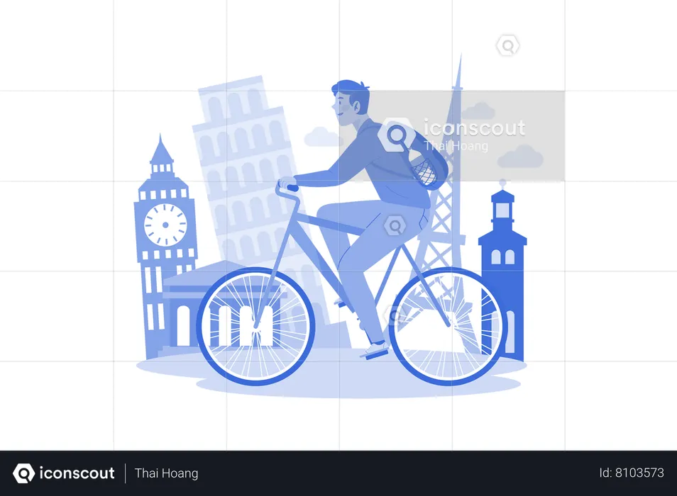 Young man renting bike to explore city  Illustration