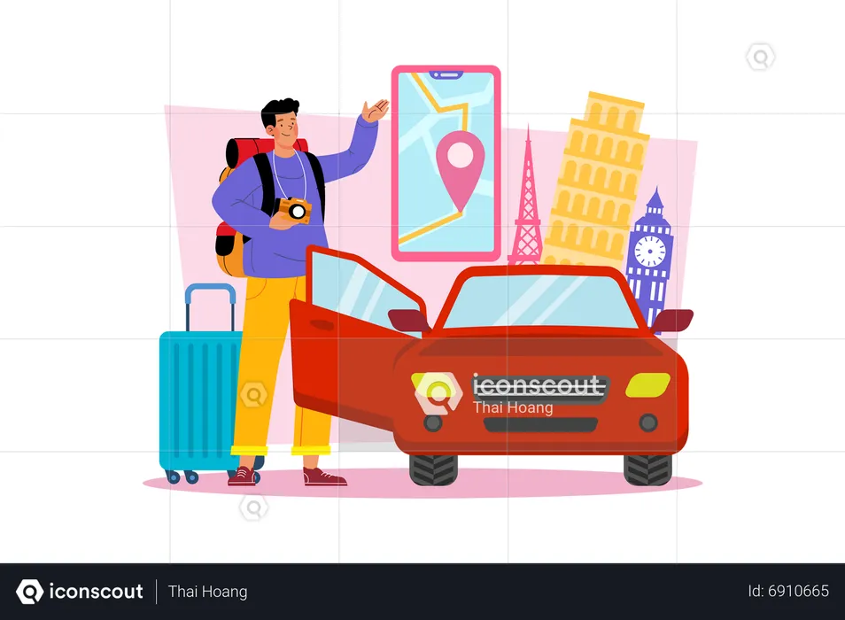 Young man renting car to explore new places  Illustration