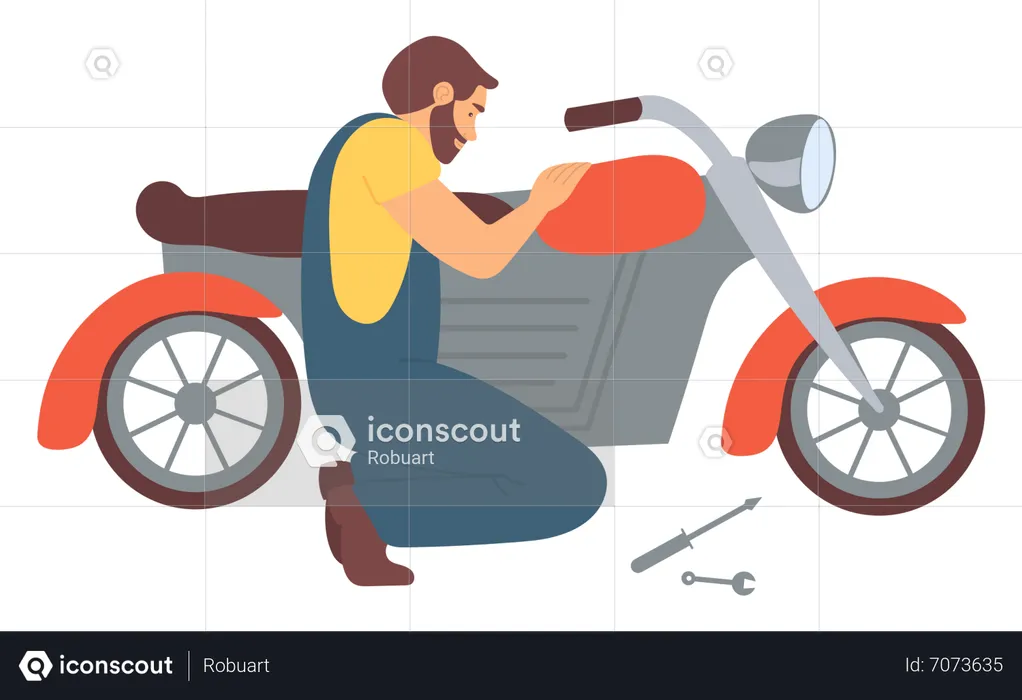 Young man repairing motorbike himself  Illustration