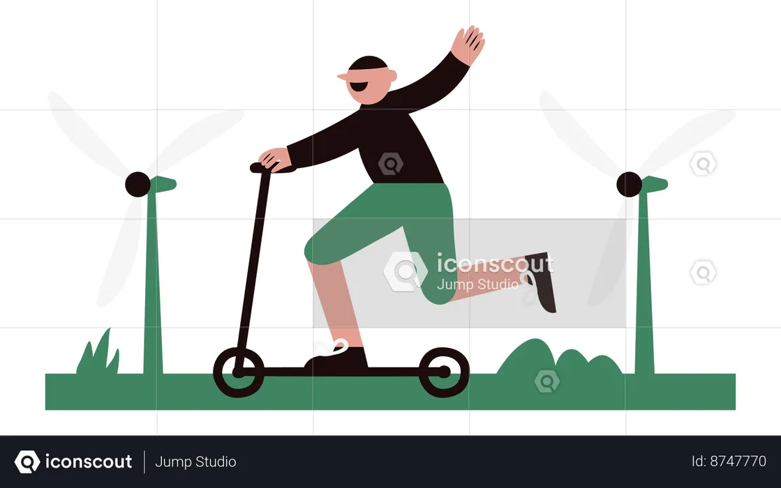 Young man riding electric scooter in eco green city  Illustration