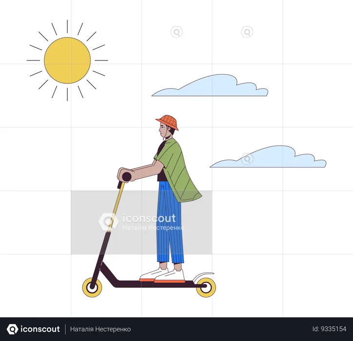 Young man riding kick scooter on sunny day  Illustration