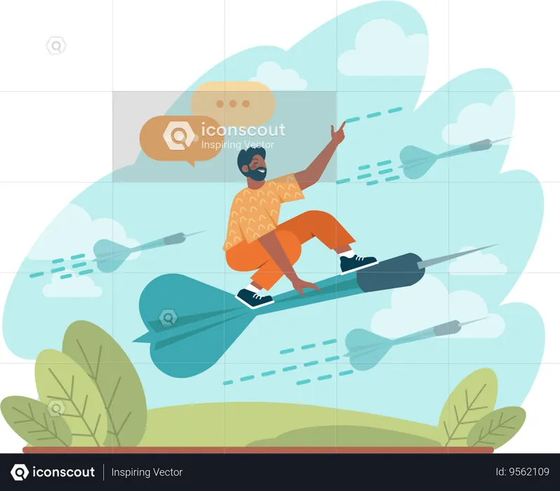 Young man riding on dart arrow for business goal  Illustration