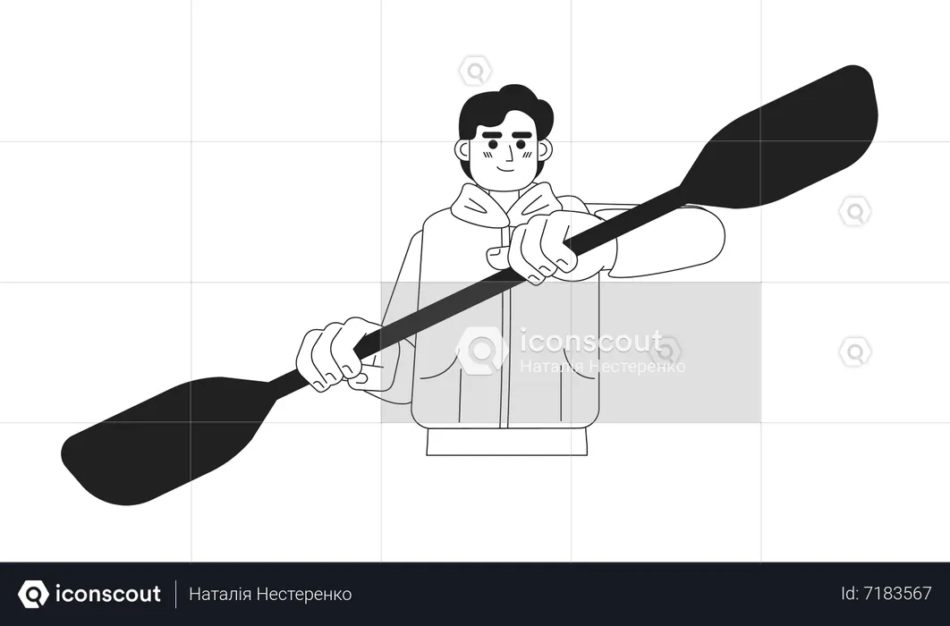 Young man rowing with kayak paddle  Illustration