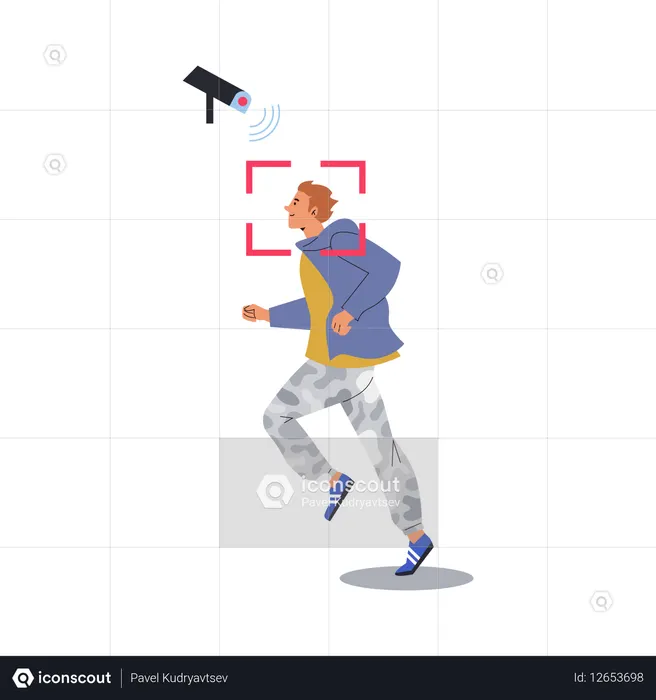 Young man running jogging near video camera cctv  Illustration