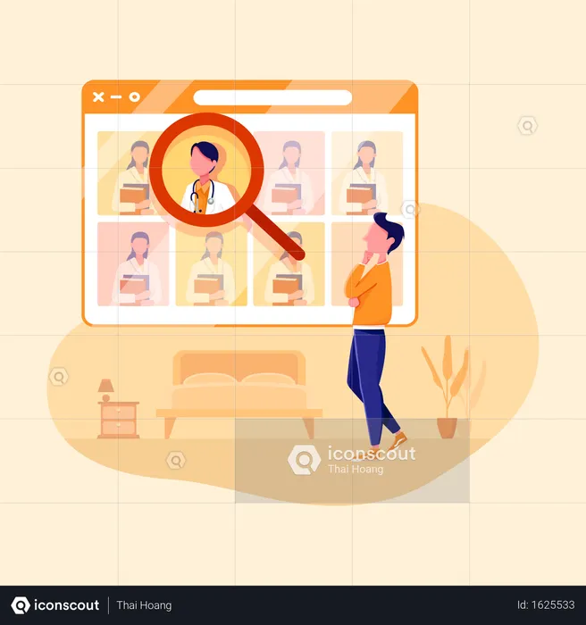 Young man searching online male doctor on website  Illustration