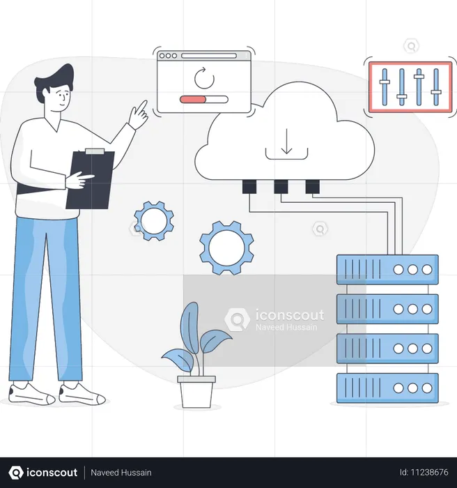 Young man setting cloud data base  Illustration