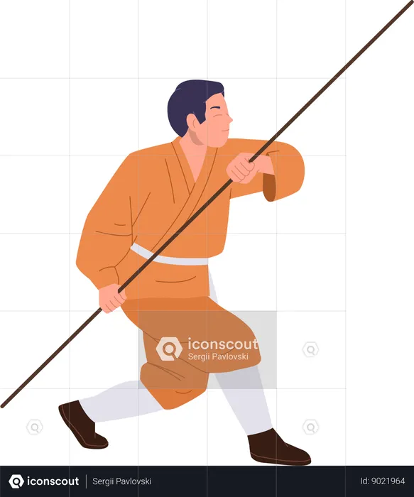 Young man shaolin monk exercising kung fu fight with wooden stick  Illustration