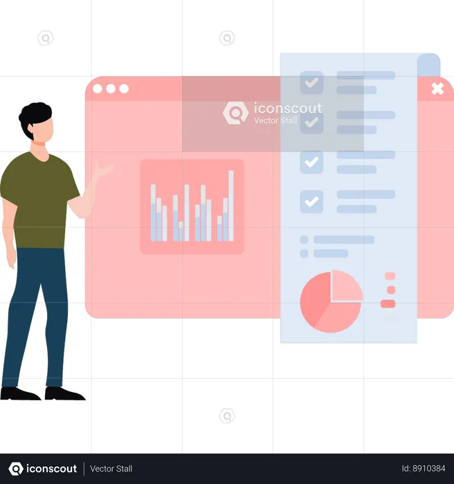 Young man Showing Business Graph On Web Page  Illustration