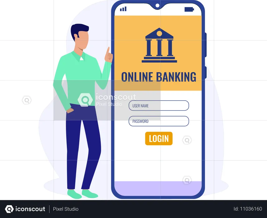 Young man showing Online Banking  Illustration