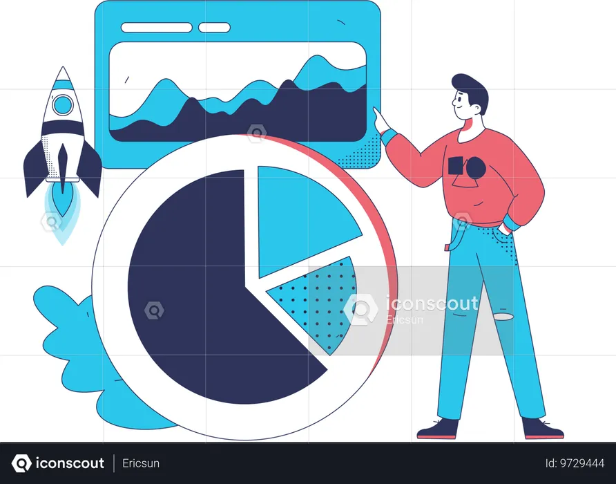 Young man showing startup analysis  Illustration