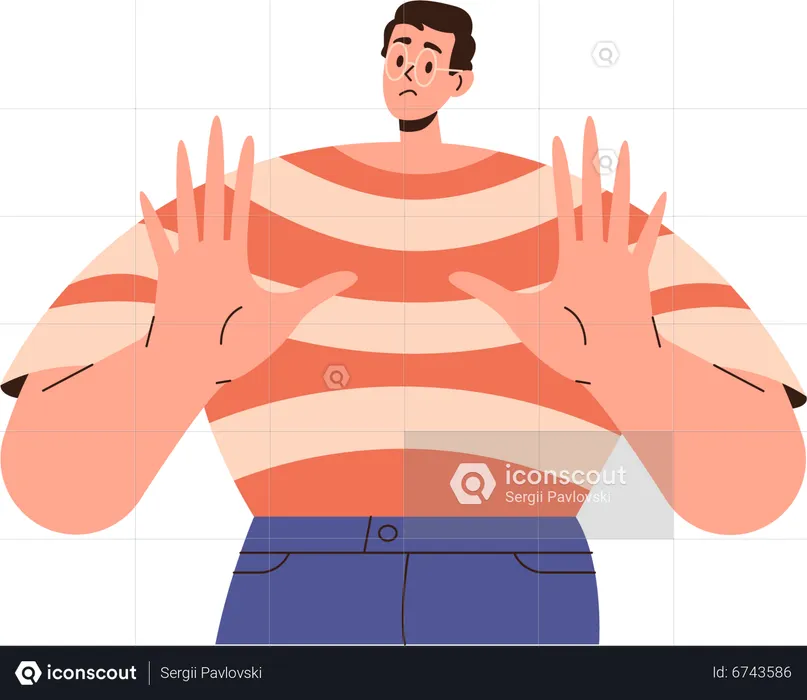 Young man showing stop gesture with hand palms  Illustration