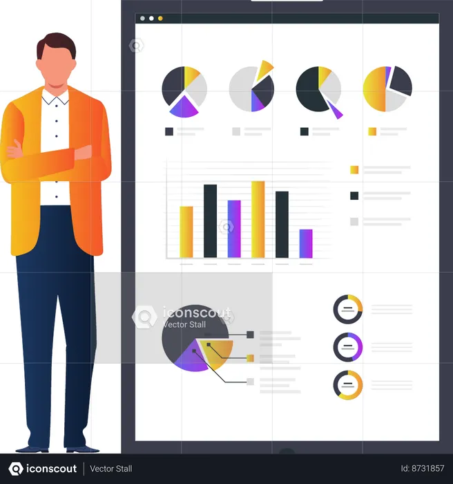 Young man showing various business chart graphs  Illustration