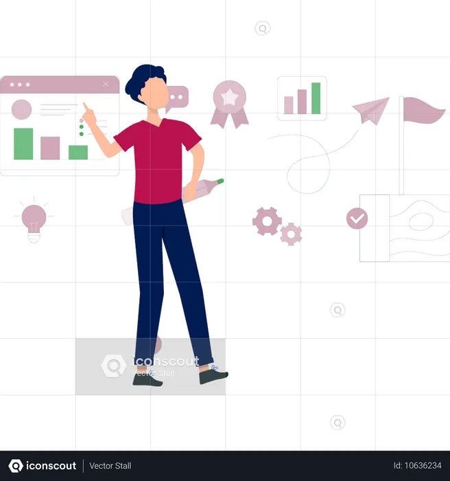 웹사이트 그래프를 보여주는 청년  일러스트레이션