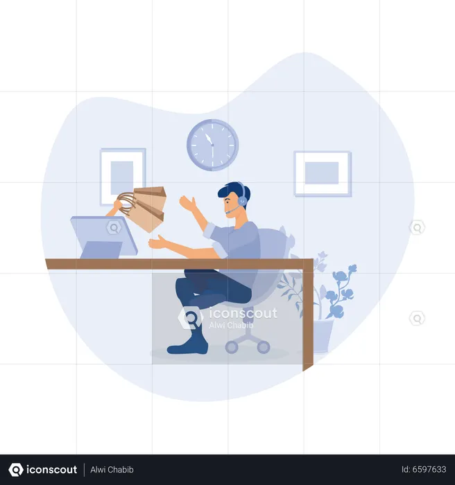 Young man sit at home and order goods from website  Illustration