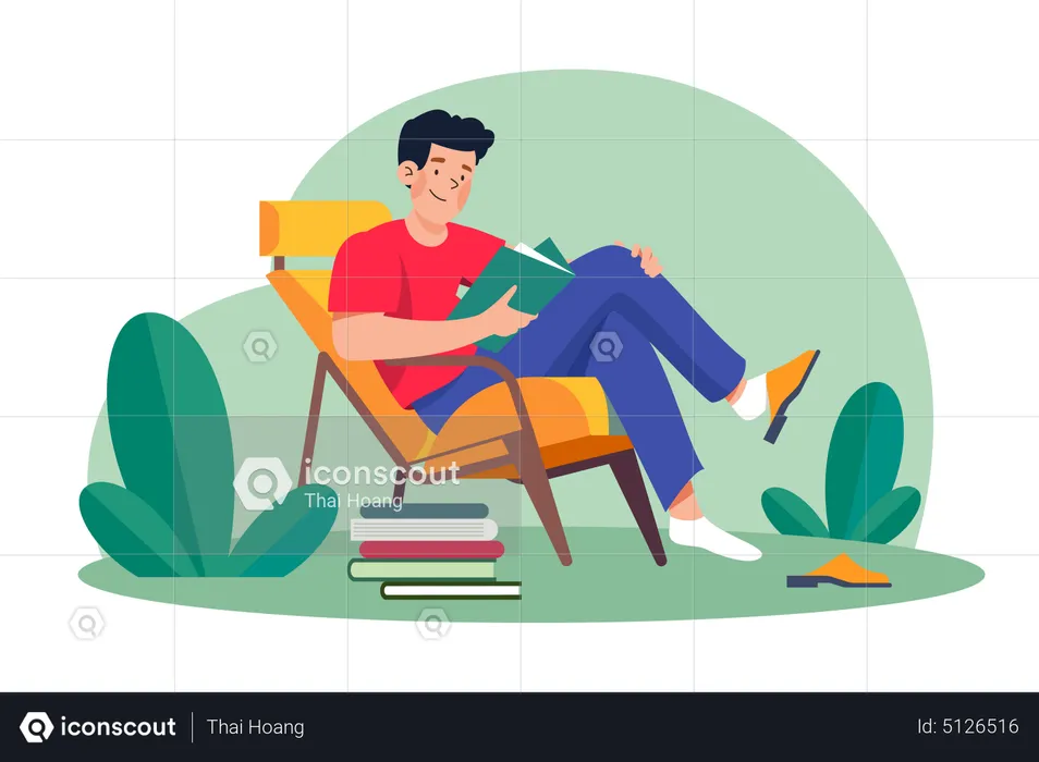 Young Man Sits In An Armchair And Reads A Book  Illustration