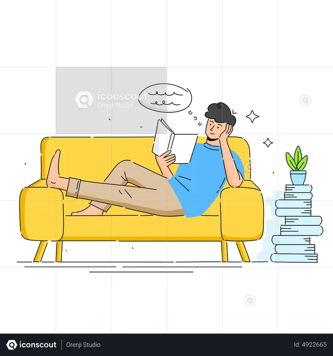 Young man sits in armchair and reads a book  Illustration