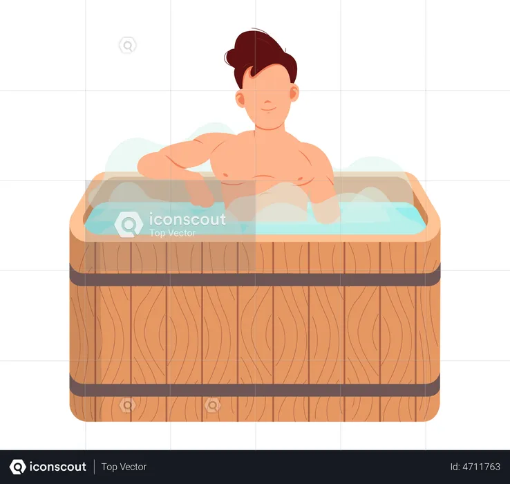 Young man sitting in tub washing his body in sauna  Illustration