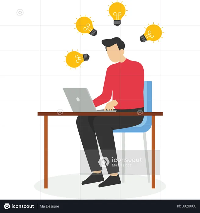 Young man sitting on a desk thinking about business idea  Illustration