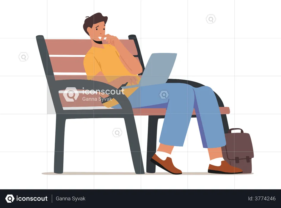 Young Man Sitting on Bench in Park with Laptop  Illustration