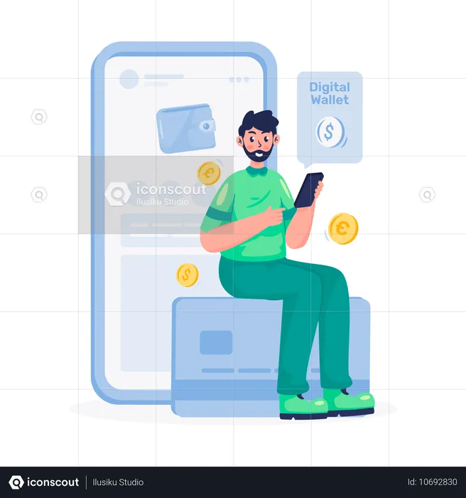 Young man sitting on card with Digital wallet mobile app  Illustration