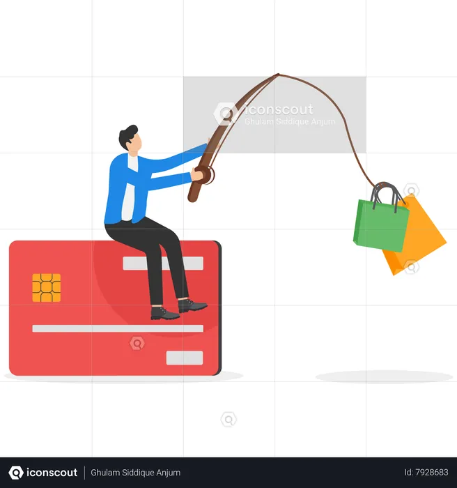 Young man sitting on credit card fishing with result of shopping bags  Illustration