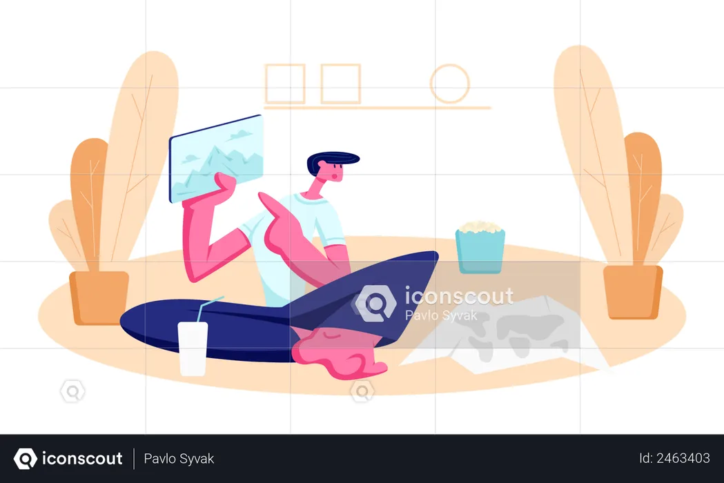 Young Man Sitting on Floor at Home with colddrink  Illustration