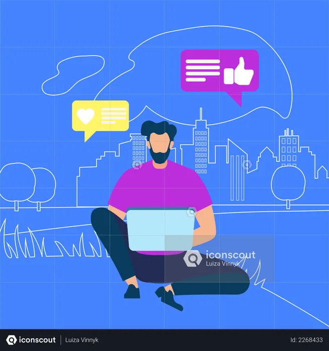 Young Man Sitting on Ground with Laptop and operating social account  Illustration