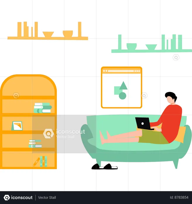 Young Man Sitting On Sofa Working On Laptop  Illustration