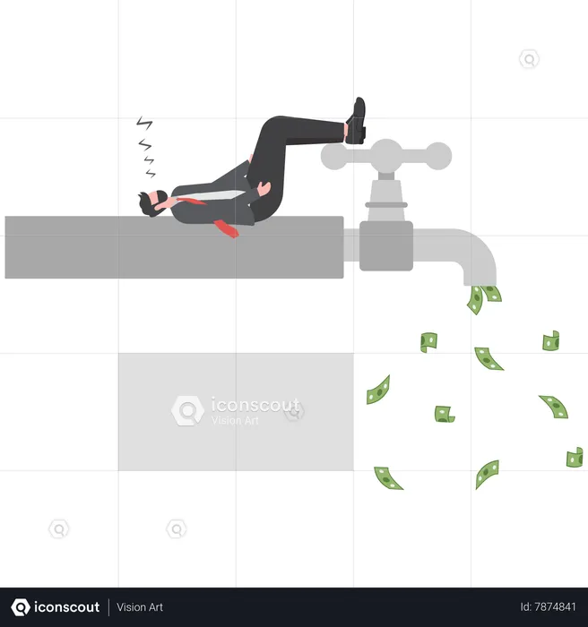 Young man sleeping at night on pipe faucet with money banknote flow  Illustration