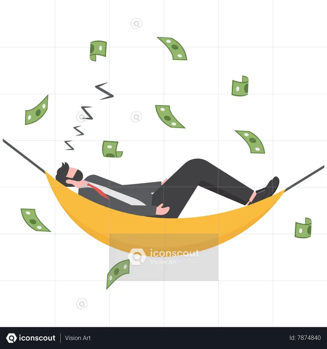 Young man sleeping at night with money banknote flow  Illustration
