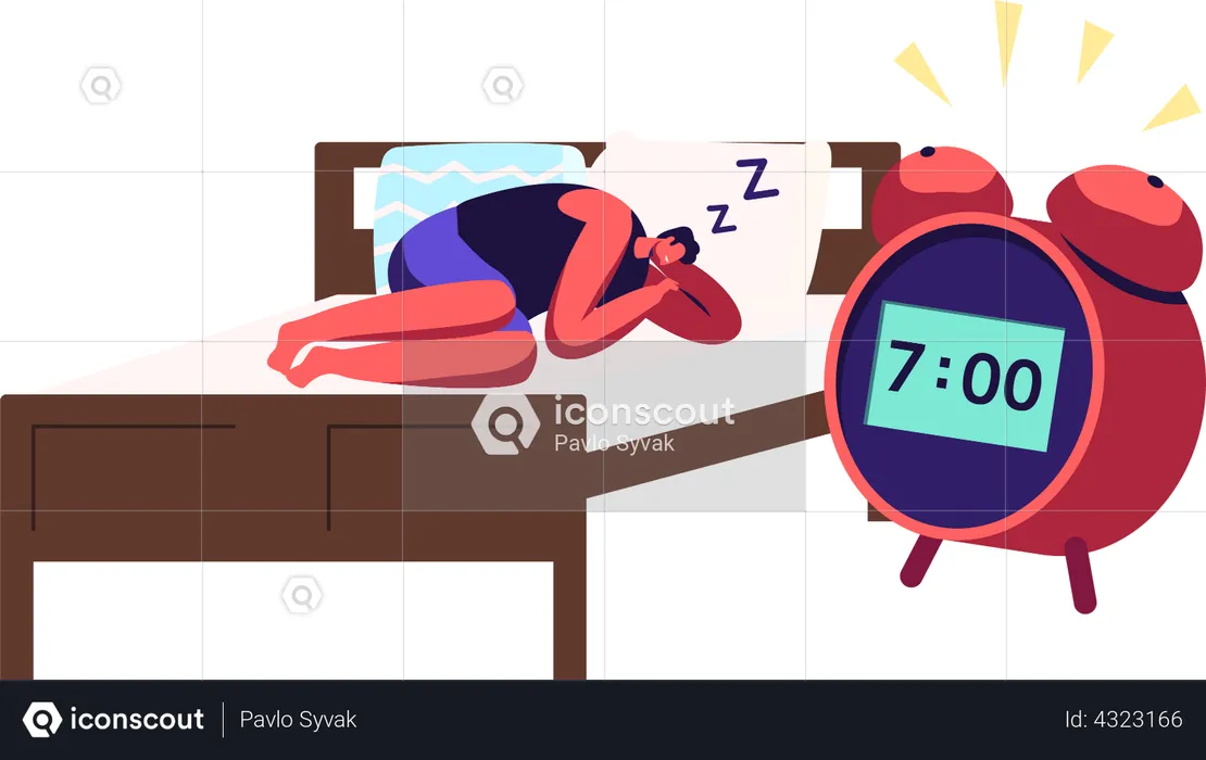 Young Man Sleeping on Bed and Ignoring Alarm Clock Ringing  Illustration