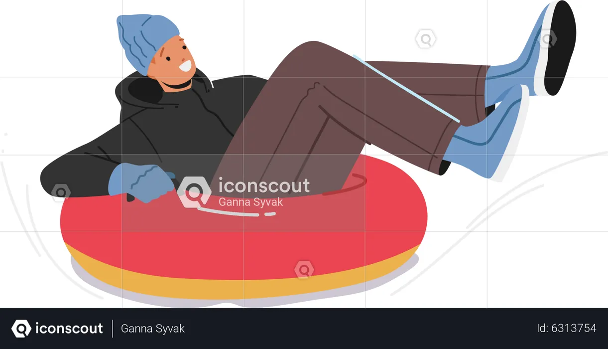Young Man Sliding Down Slope on Snow Tubing  Illustration