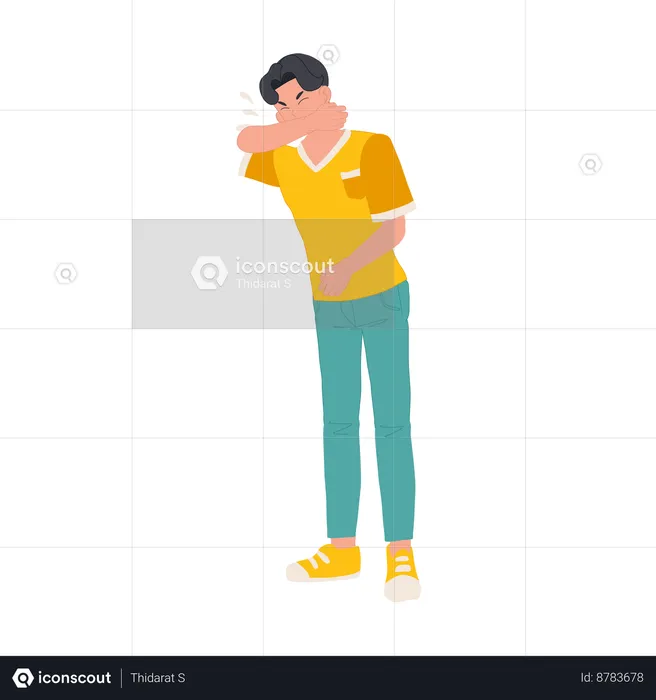 Young Man Sneezing With Hand Protection  Illustration