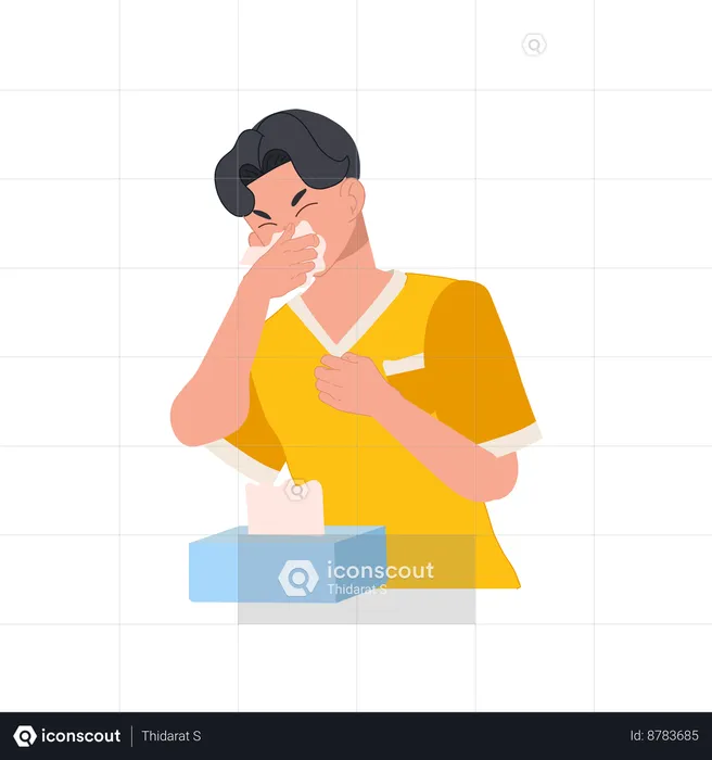 Young Man Sneezing With Tissue Paper Box  Illustration
