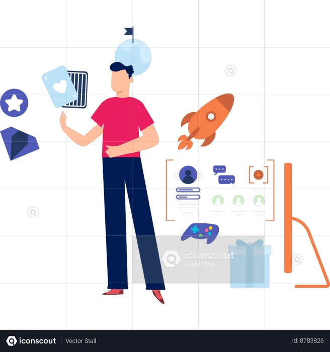 Young Man Standing And Doing Game Startup  Illustration
