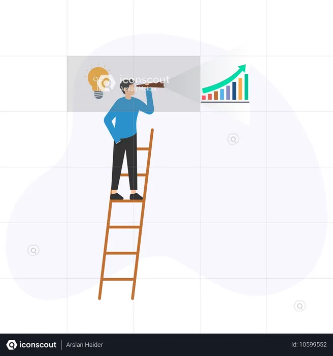 Young man standing on ladder while looking Business vision using telescope  Illustration