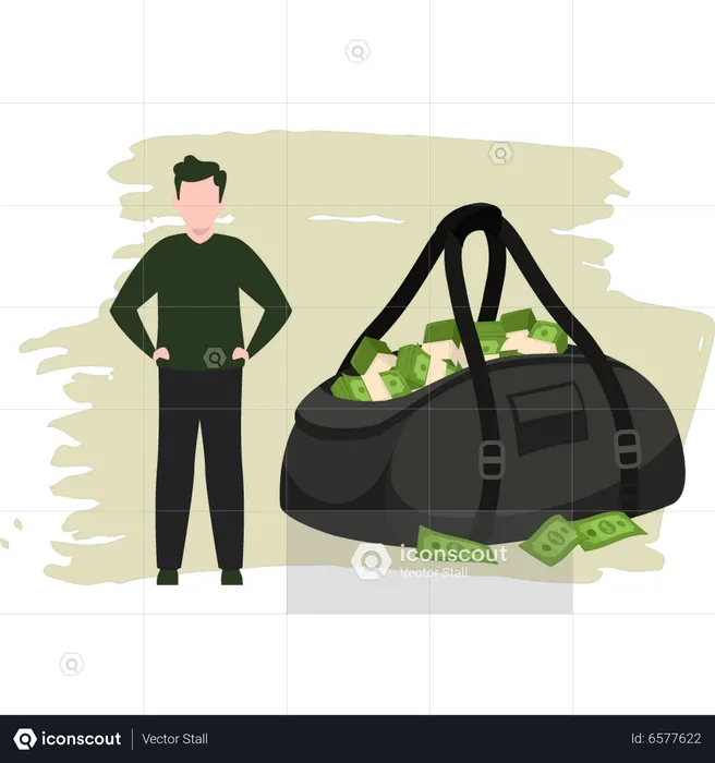 Young Man Standing With Bag Of Money  Illustration