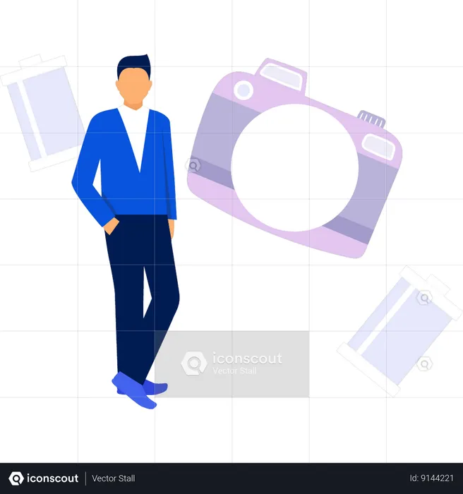 Young man standing with camera  Illustration