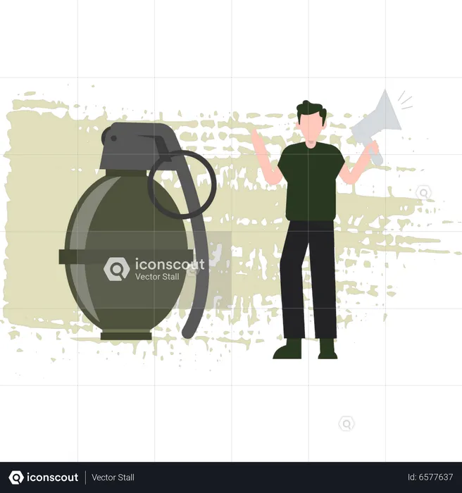 Young Man Stands Next To The Grenade  Illustration