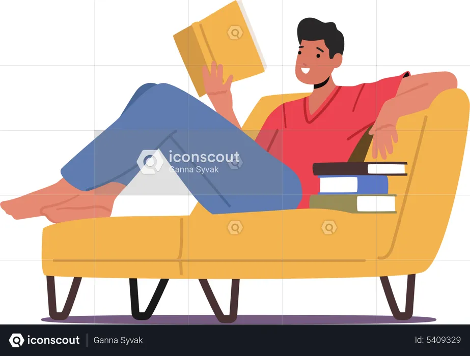 Young Man Student Reading Book Lying on Couch  Illustration