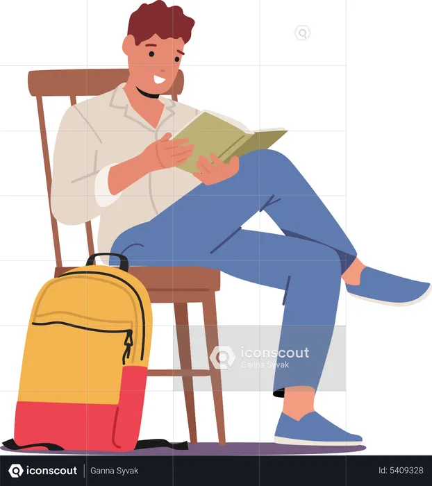 Young Man Student Sitting on Chair with Book in Hands  Illustration