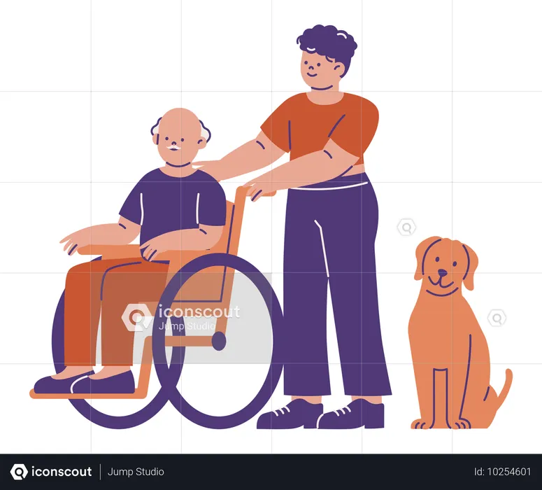 Young Man Supporting Disabled Old Man on Wheelchair  Illustration