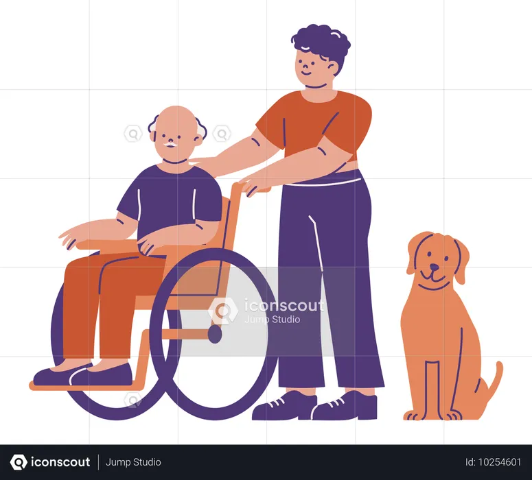 Young Man Supporting Disabled Old Man on Wheelchair  Illustration