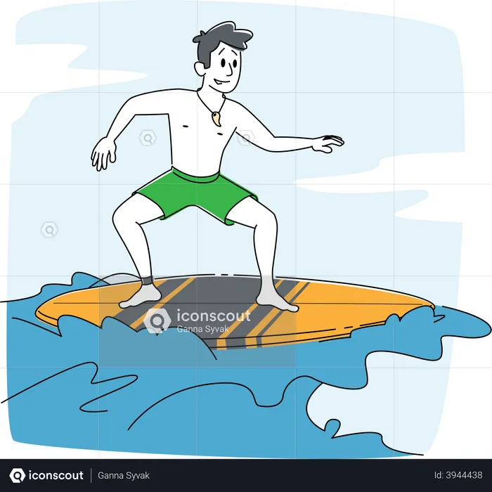 Young Man Surfer Character in Swim Wear Riding Big Sea Wave on Board  Illustration