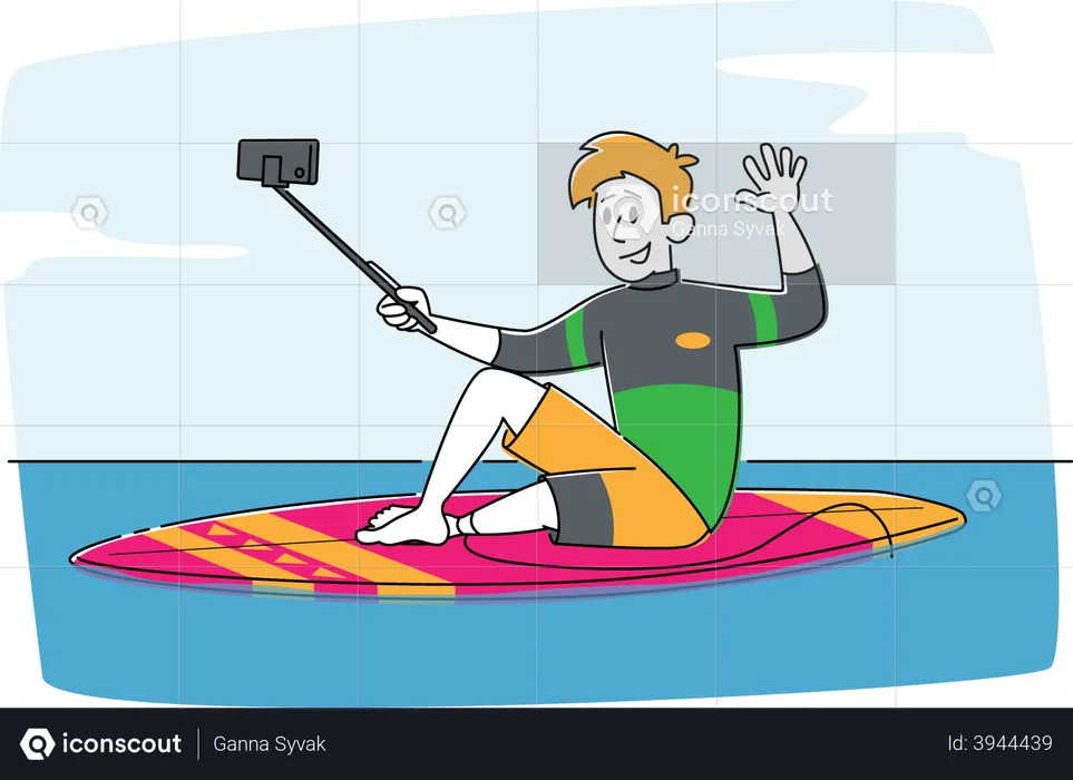 Young Man Surfer in Swim Wear Sitting on Surf Board in Sea Making Selfie on Smartphone  Illustration