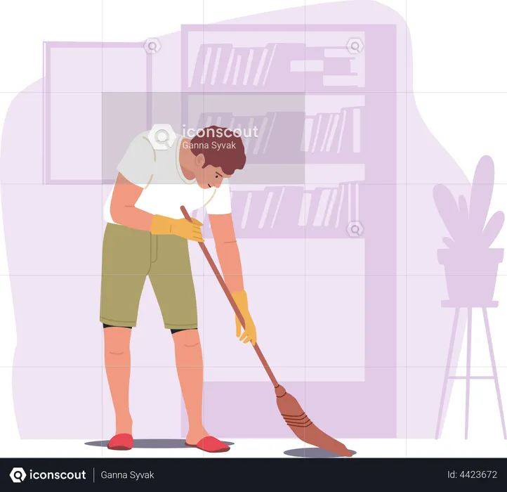 Young Man Sweeping Floor with Broom  Illustration