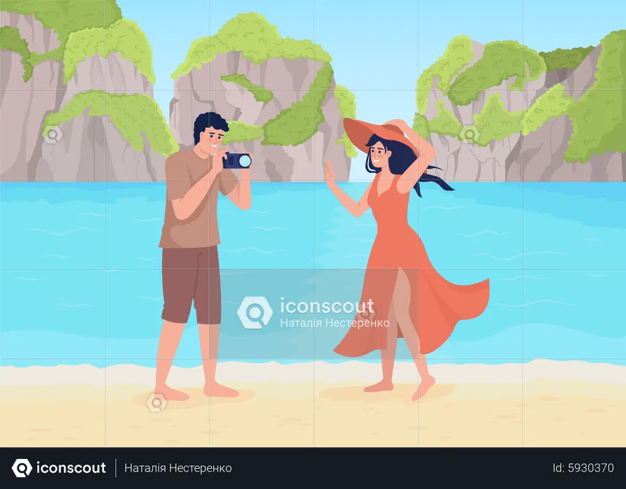 Young man taking photos of wife on beach  Illustration