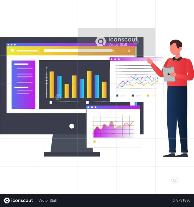 Young man talking about graph report on monitor  Illustration